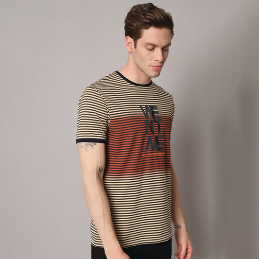 Ochre Mustard Striped Round Neck T-shirt