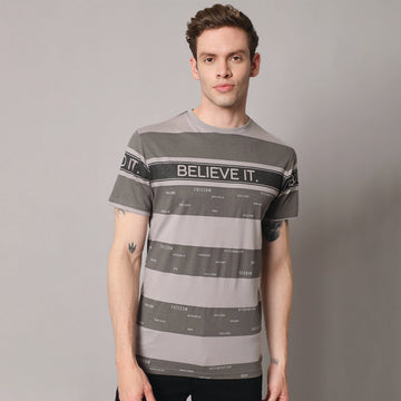 Olive Gray stripers Round neck T-shirt