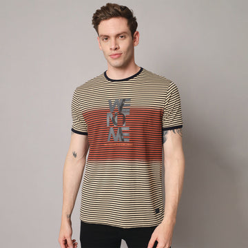 Ochre Mustard Striped Round Neck T-shirt