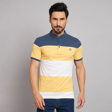 Yellow white Stripers Chinese casual  neck T-shirt