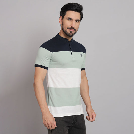 Navy Pastel Green Stripers Chinese neck T-shirt
