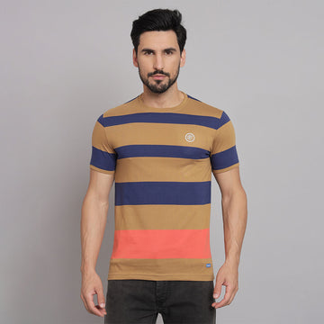 Ochre Mustard Striped Round Neck T-shirt