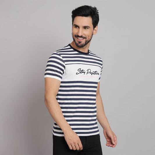 Navy White Stripes Round neck T-shirt