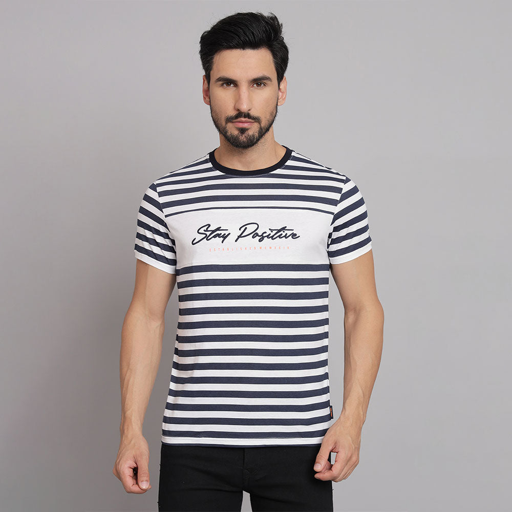 Striped Round Neck T Shirts COBB WHITE STRIPED ROUND NECK T-SHIRT