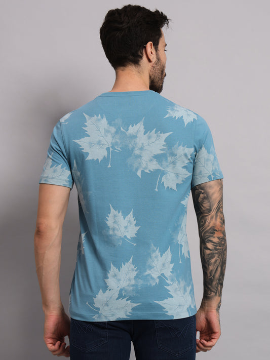 Aqua Blue Printed Round neck Tshirt