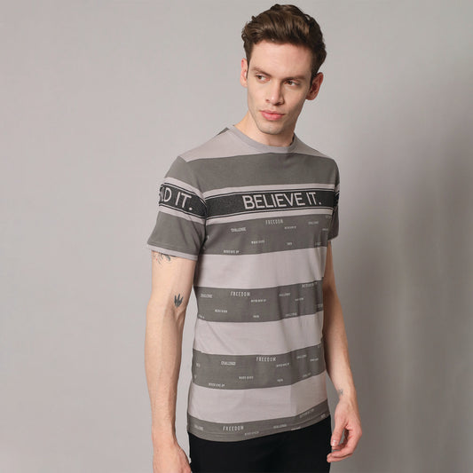 Olive Gray stripers Round neck T-shirt