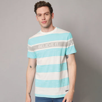 Sky White Stripers Round neck T-shirt