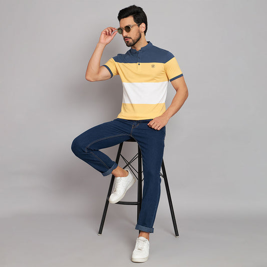 Yellow white Stripers Chinese casual  neck T-shirt