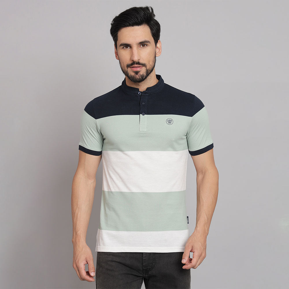 Navy Pastel Green Stripers Chinese neck T-shirt