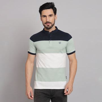 Navy Pastel Green Stripers Chinese neck T-shirt